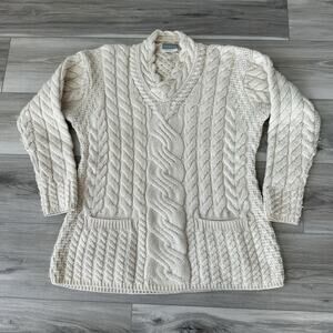 Merino Wool V Neck Sweater Traditional Irish Cable Knit Pullover Pockets Ivory
